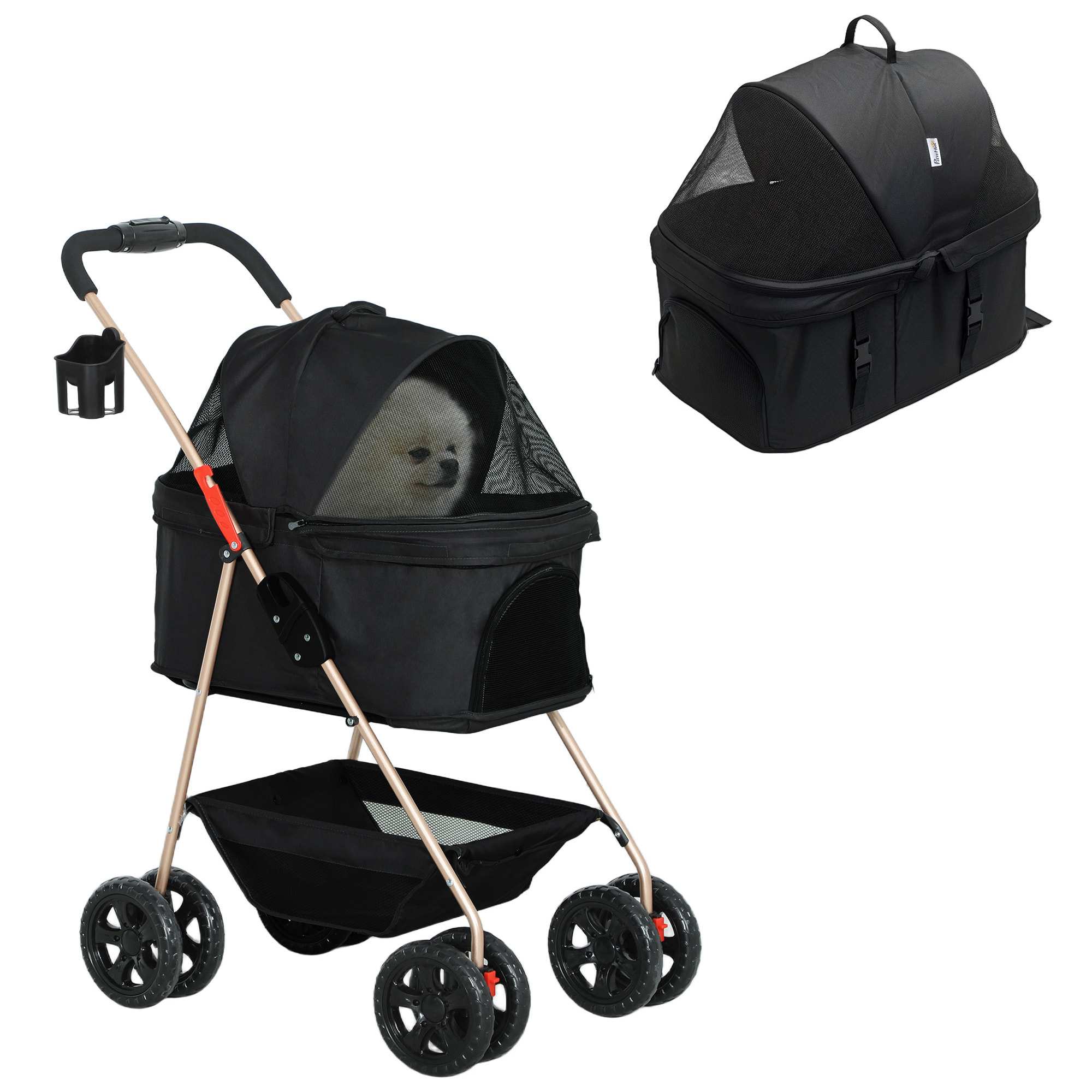 Carrito para Perros Plegable 3 en 1 Cochecito para Mascotas Carrito para Perros Miniatura con Cesta de Almacenaje Ventana de Malla Portavasos y 2 Ruedas Universales 76x50x102 cm Negro