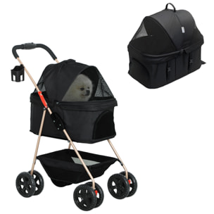 Carrito para Perros Plegable 3 en 1 Cochecito para Mascotas Carrito para Perros Miniatura con Cesta de Almacenaje Ventana de Malla Portavasos y 2 Ruedas Universales 76x50x102 cm Negro