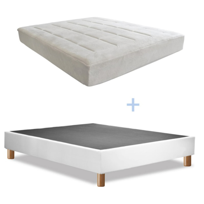 Ensemble Matelas Pure & Sommier Déco | Gel, mémoire de forme et mousse HD+ | Cadre à lattes | Simili cuir | Blanc