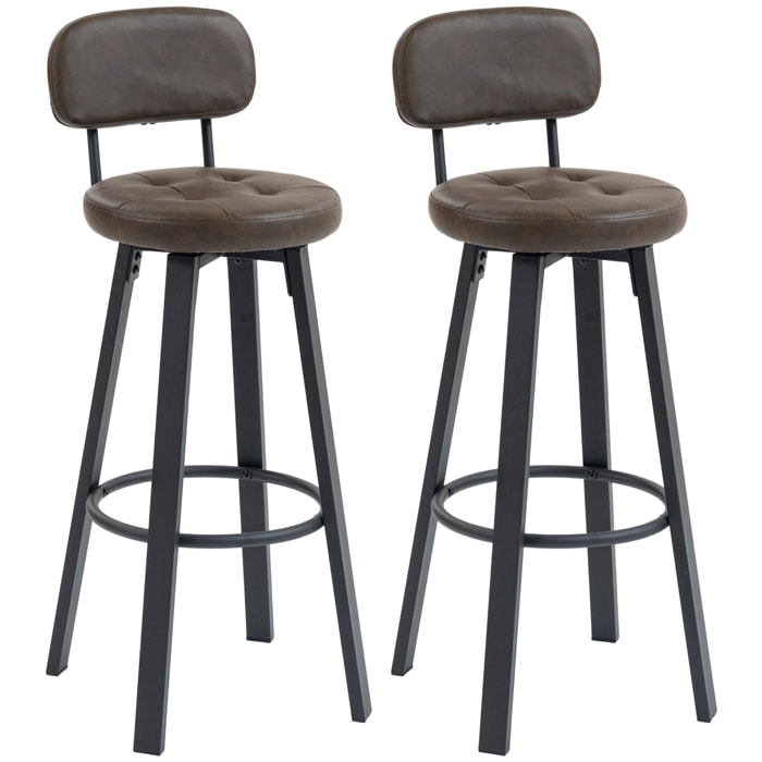 Juego de 2 Taburetes de Bar, Taburetes Altos de Cocina Giratorios, Tapizados de PU, con Respaldo, Marco de Metal, Reposapiés, Asiento de 76,5 cm de Altura, Marrón Oscuro