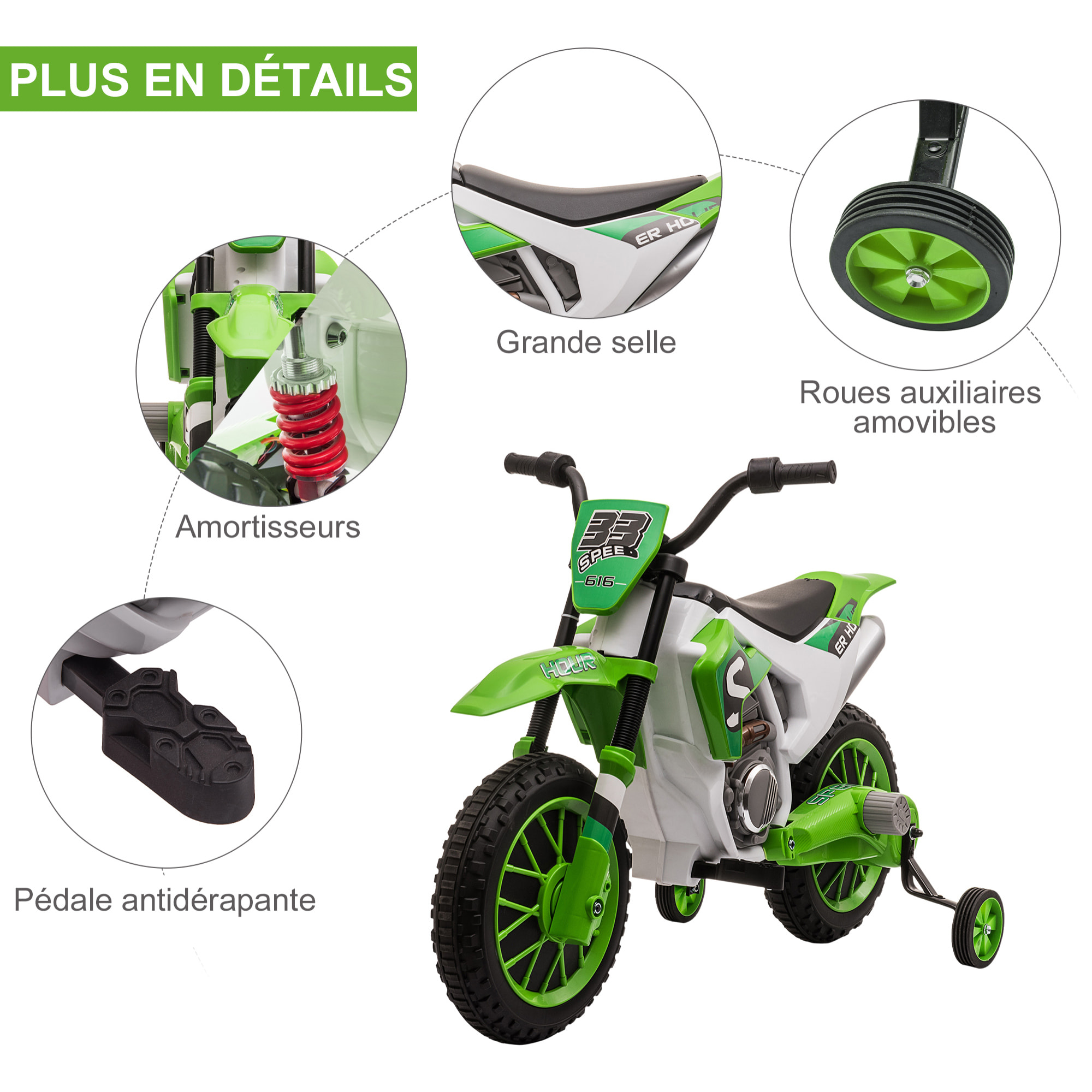 Moto cross électrique pour enfant 3 à 5 ans 12 V 3-8 Km/h avec roulettes latérales amovibles dim. 106,5L x 51,5l x 68H cm vert