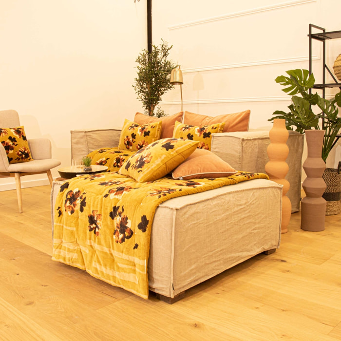 Coussin floral en velours - Jaune