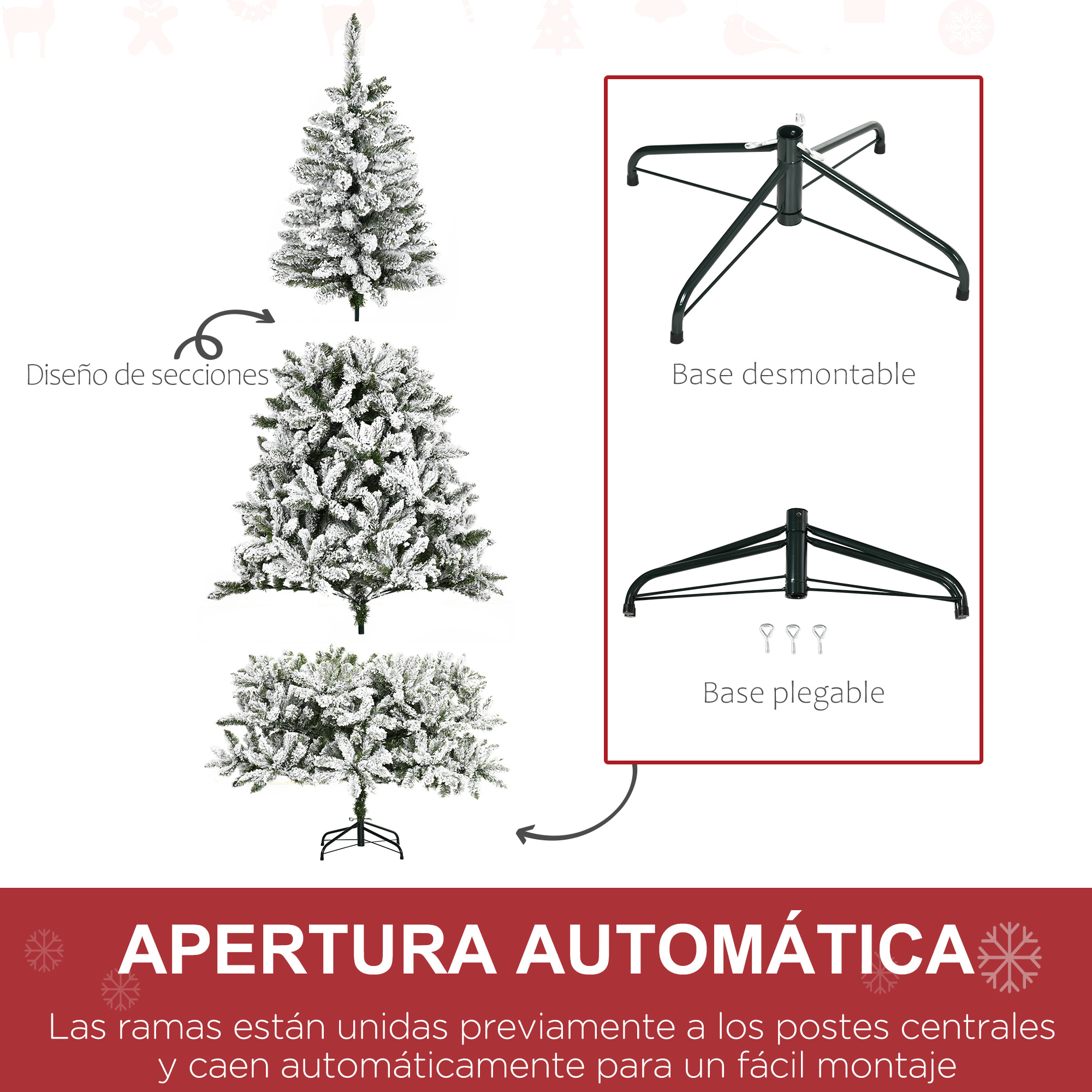 Árbol de Navidad Artificial 225 cm con Nieve Ignífugo con 1300 Ramas Hojas de PVC Apertura Automática Base Plegable y Soporte Metálico Decoración Navideña para Interiores Verde