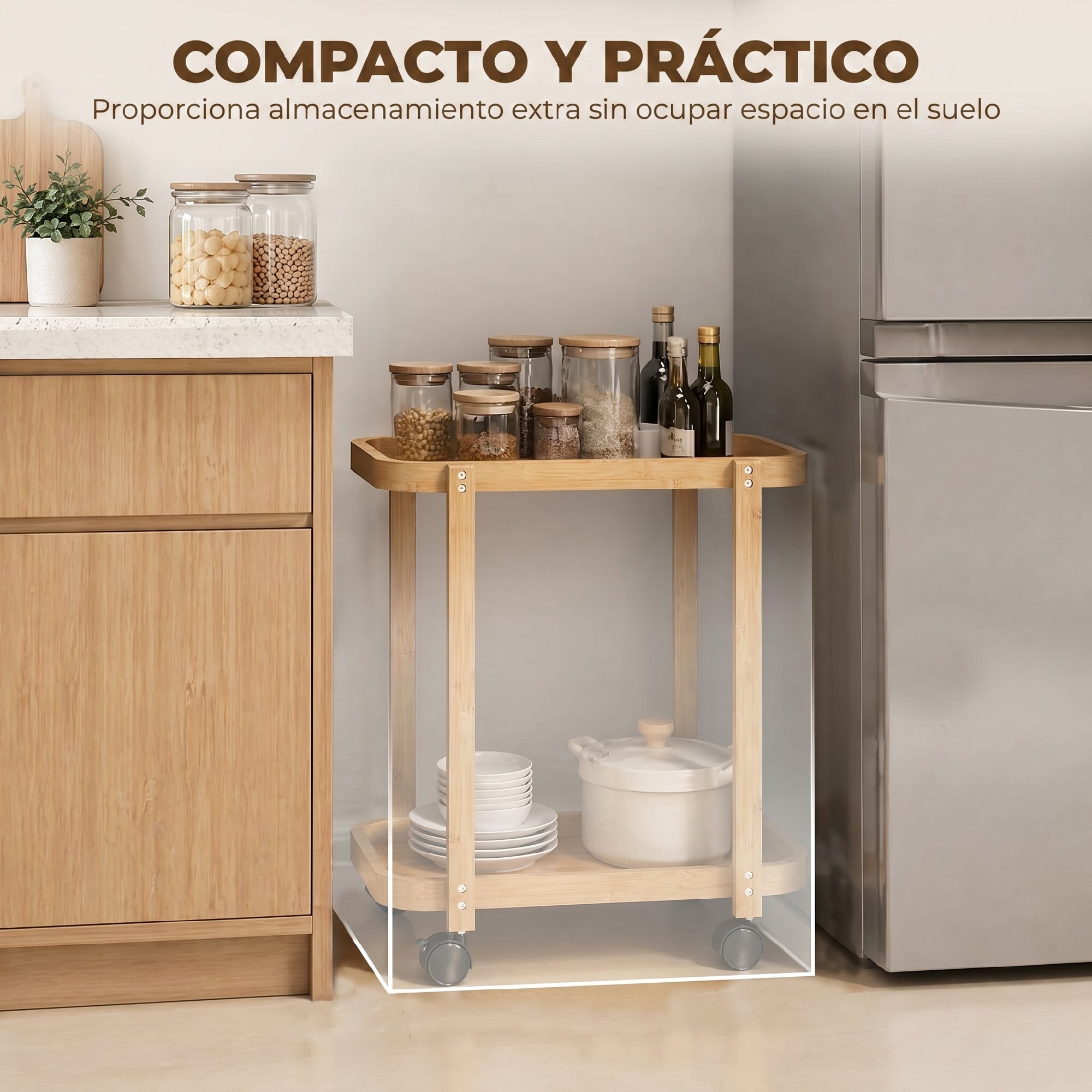 Carrito de Cocina de Bambú de 2 Niveles, Carrito Auxiliar de Cocina con Ruedas, 2 Estantes Abiertos, Diseño Curvo, para Comedor, 54x36,5x60 cm, Natural