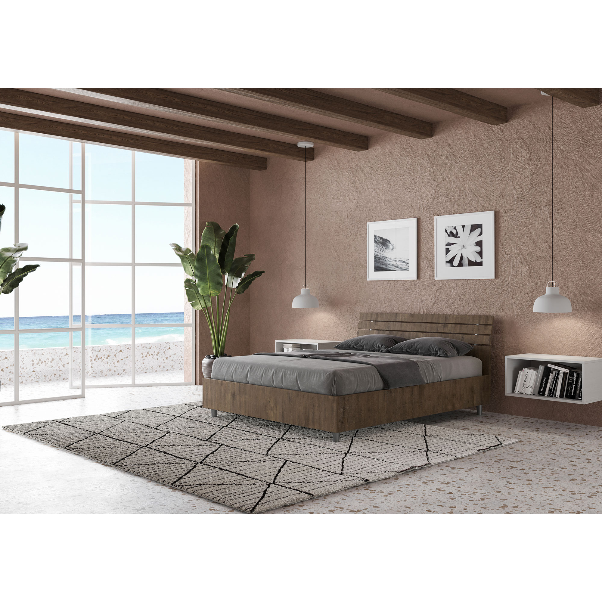 Cama doble sin somier 140x200 con cabecera inclinada de listones nogal Ankel