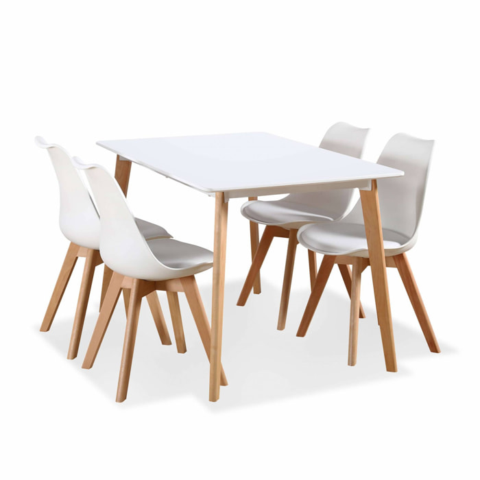 Table à manger rectangulaire bois 120cm blanc - Hedvig - 4 chaises. 4 places. scandinave. pieds bois