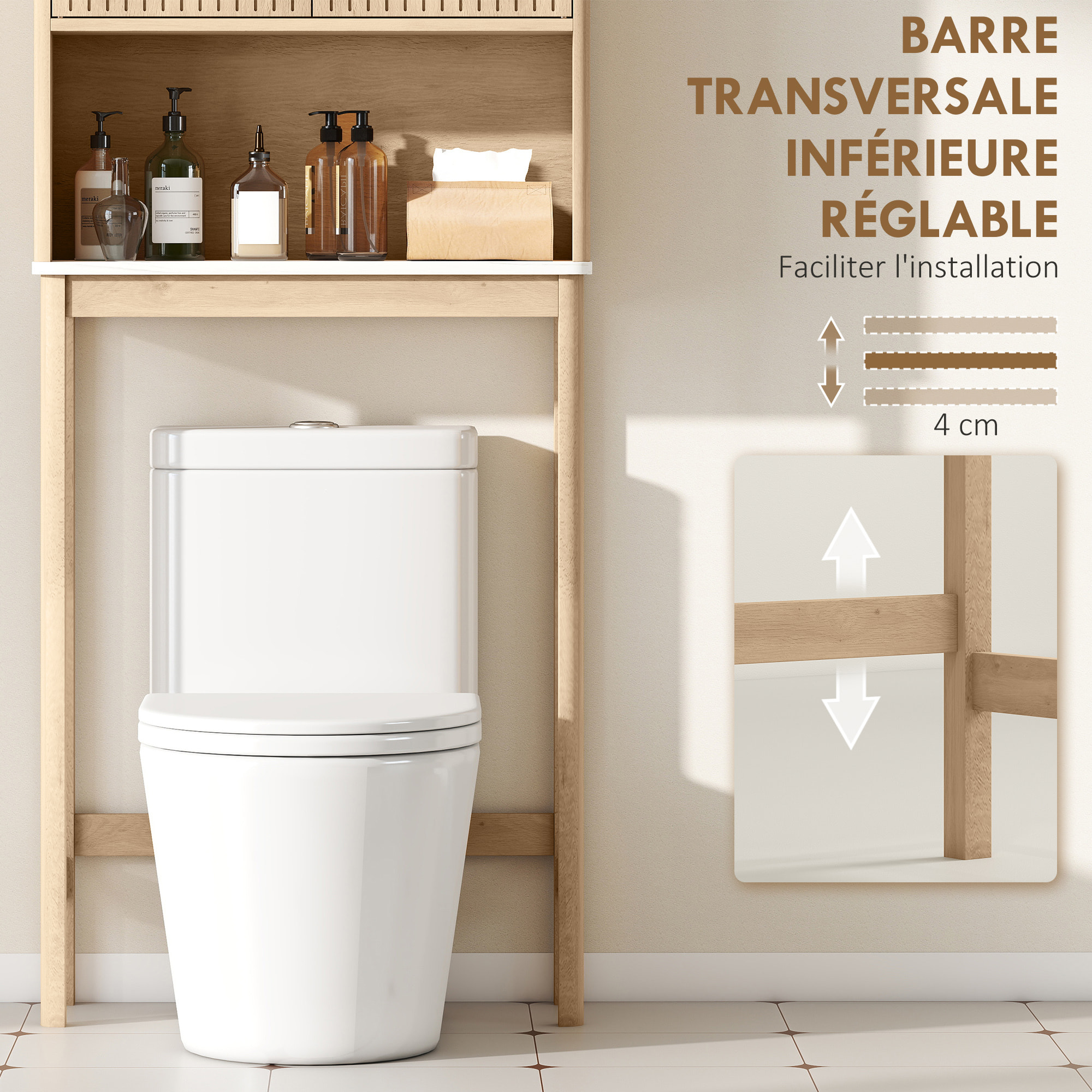 Meuble WC dessus de toilette style bois naturel effet marbre blanc 2 portes étagère niche