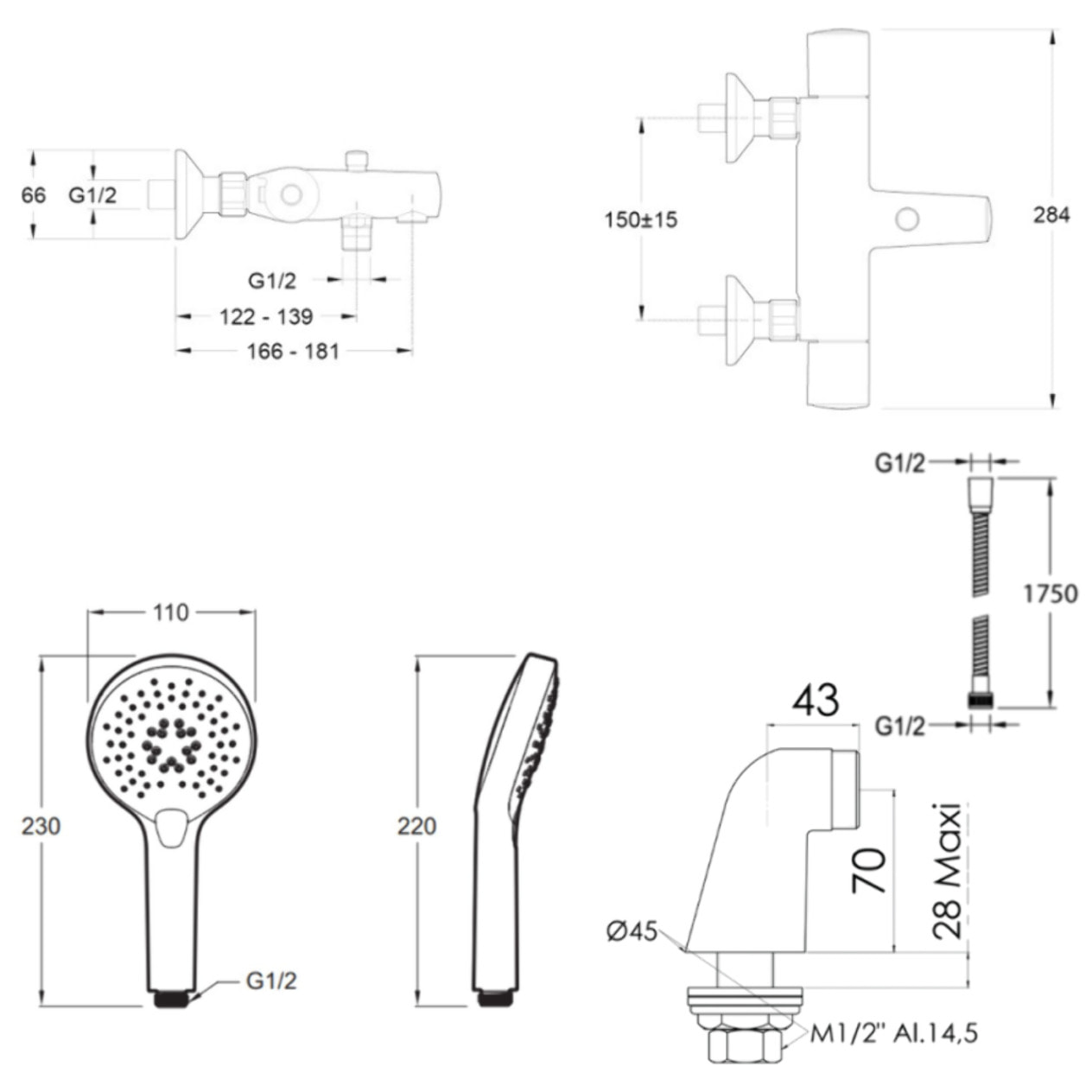Mitigeur baignoire Simone + pommeau de douche Metro + flexible de douche métal + colonnettes