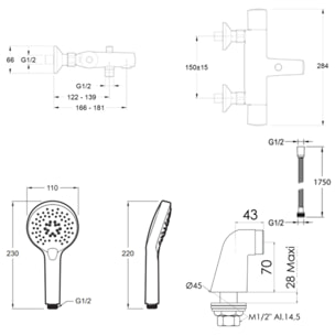 Mitigeur baignoire Simone + pommeau de douche Metro + flexible de douche métal + colonnettes