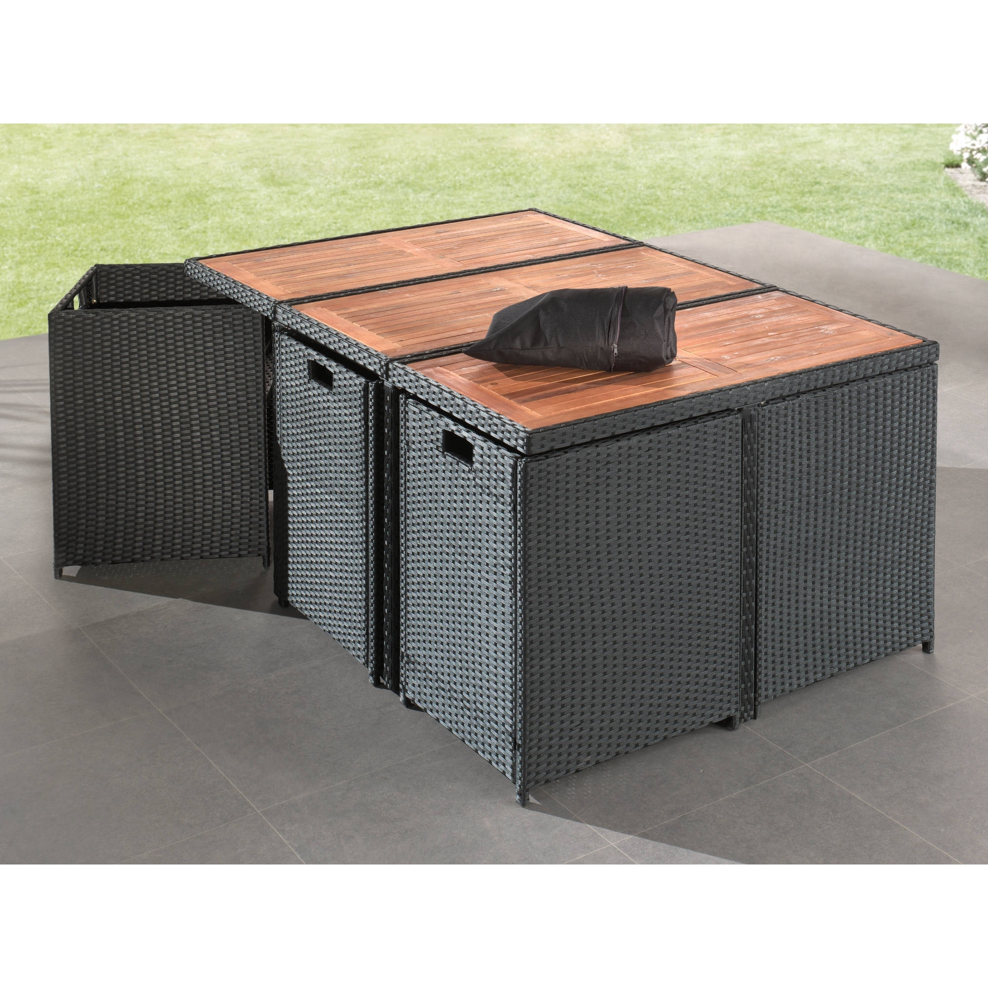 Cuba - Salon de jardin encastrable 10 places - en résine tressée - Noir avec coussins gris + housse de protection - Noir / Gris