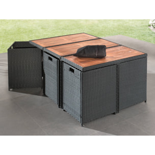 Cuba - Salon de jardin encastrable 10 places - en résine tressée - Noir avec coussins gris + housse de protection - Noir / Gris