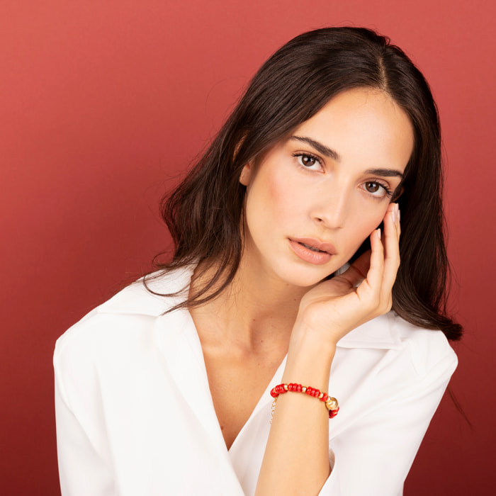 Bracciale con Sfera Martellata e Pietra Naturale Corallo Bambù Rosso