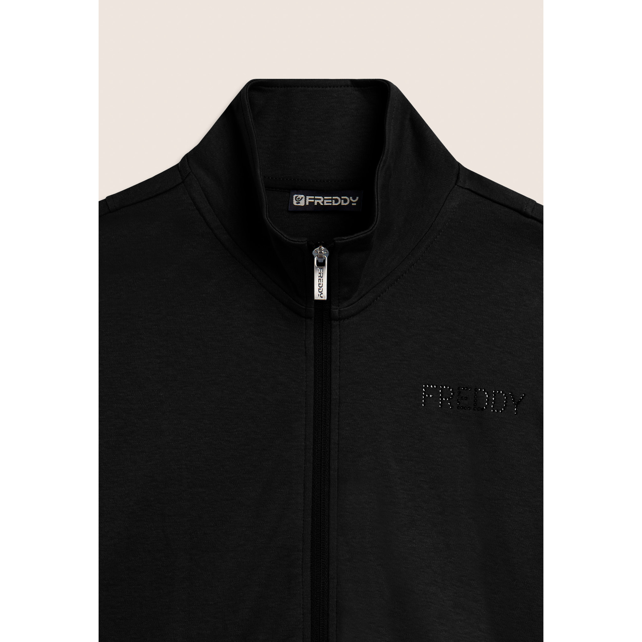 Tuta con zip e collo alto, logo con strass