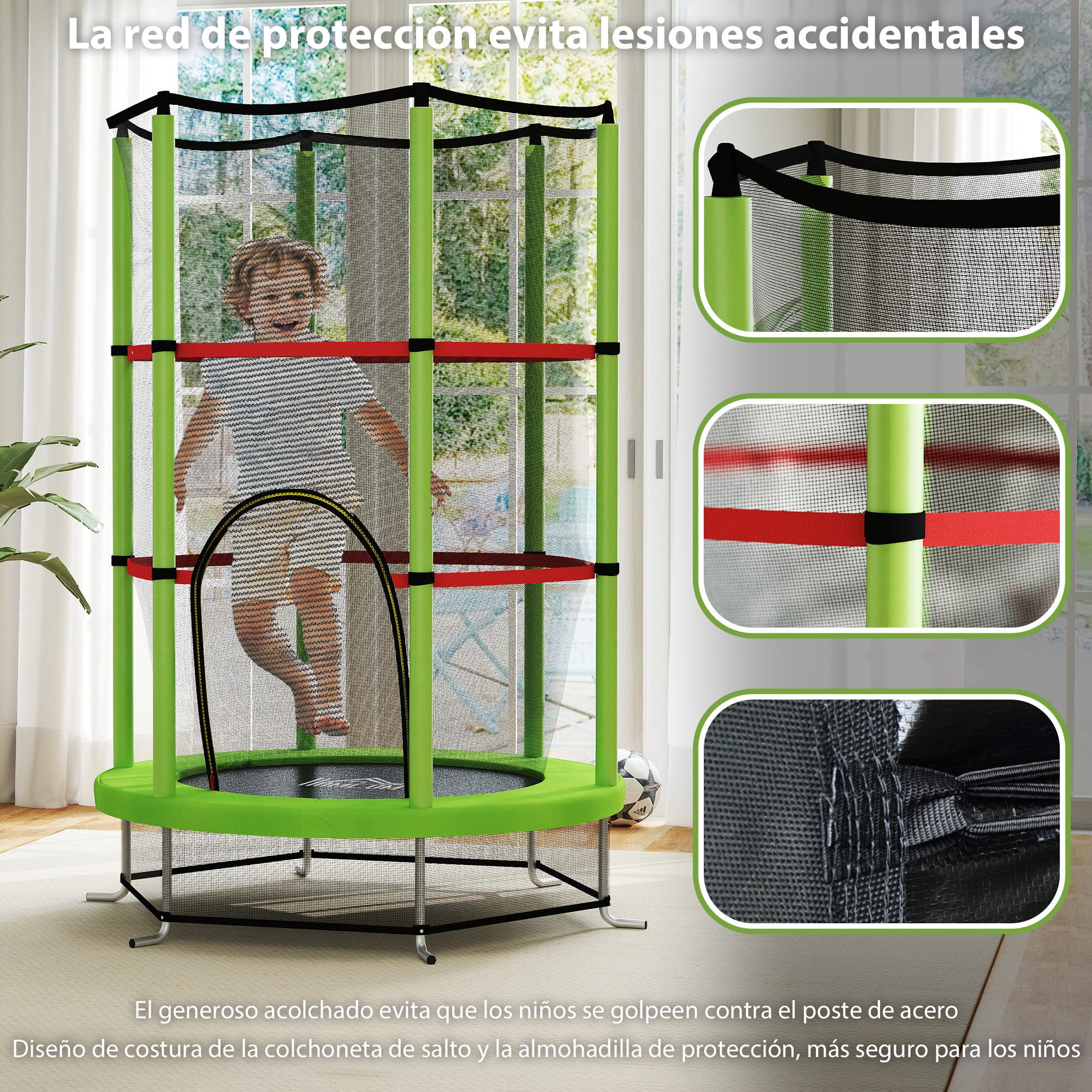 Cama Elástica Infantil Ø140x190 cm Trampolín para Niños de 3-6 Años con Red de Seguridad Carga 45 kg para Interior Verde