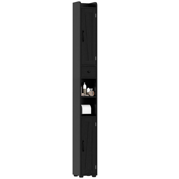 Columna de Baño Estrecha con 2 Puertas Armario Alto de Baño Rústico con Cajón Compartimento Abierto Estantes Ajustables y Portarrollos 20x20x185 cm Negro