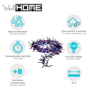 luces de navidad con 1000 luces led multicolor con 8 funciones y temporizador - 15 metros