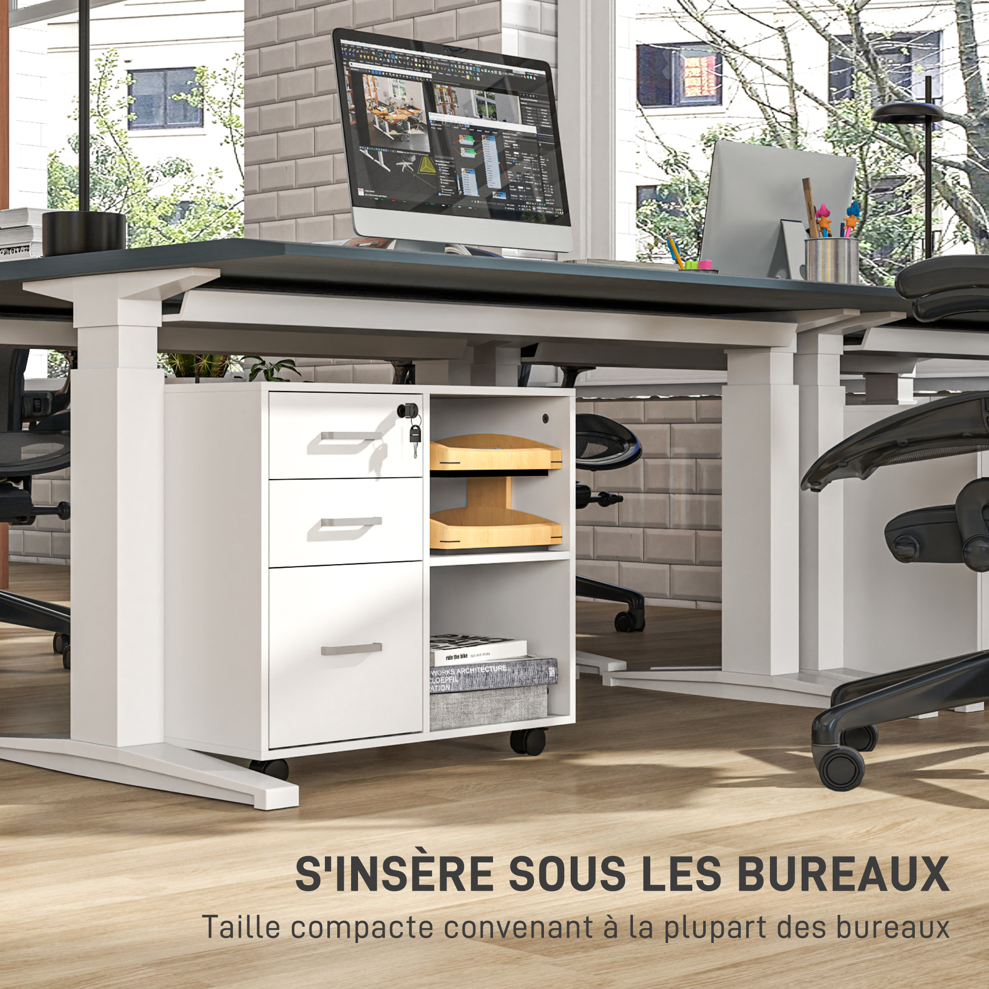 Meuble imprimante mobile - caisson de bureau - tiroir verrouillable + 2 tiroirs, 2 niches - blanc