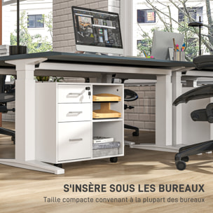 Meuble imprimante mobile - caisson de bureau - tiroir verrouillable + 2 tiroirs, 2 niches - blanc