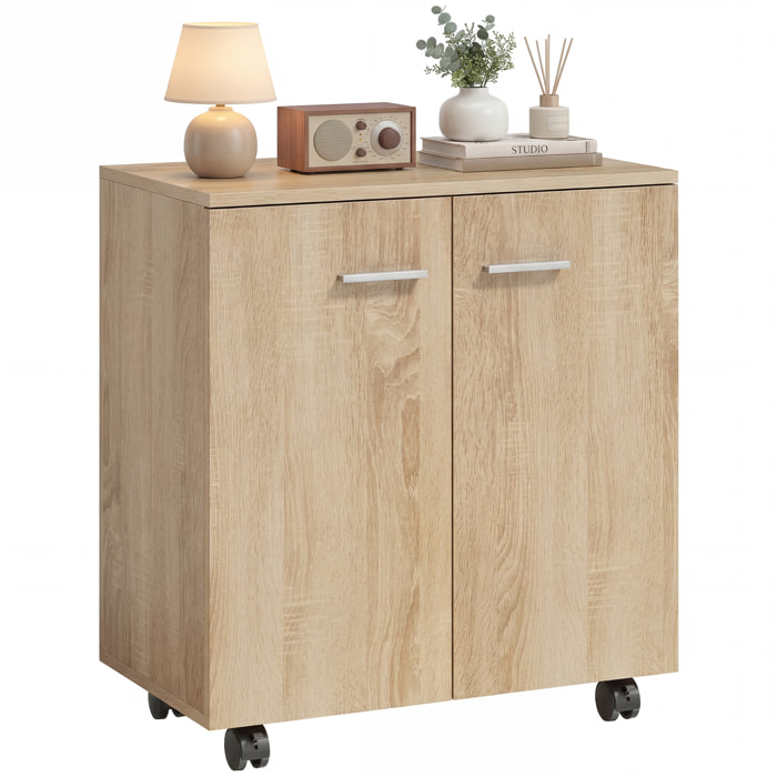 Aparador con Ruedas, Aparador de Salón con 2 Puertas y Estantes, para Sala de Estar, Dormitorio, Oficina, 60x35x65 cm, Natural