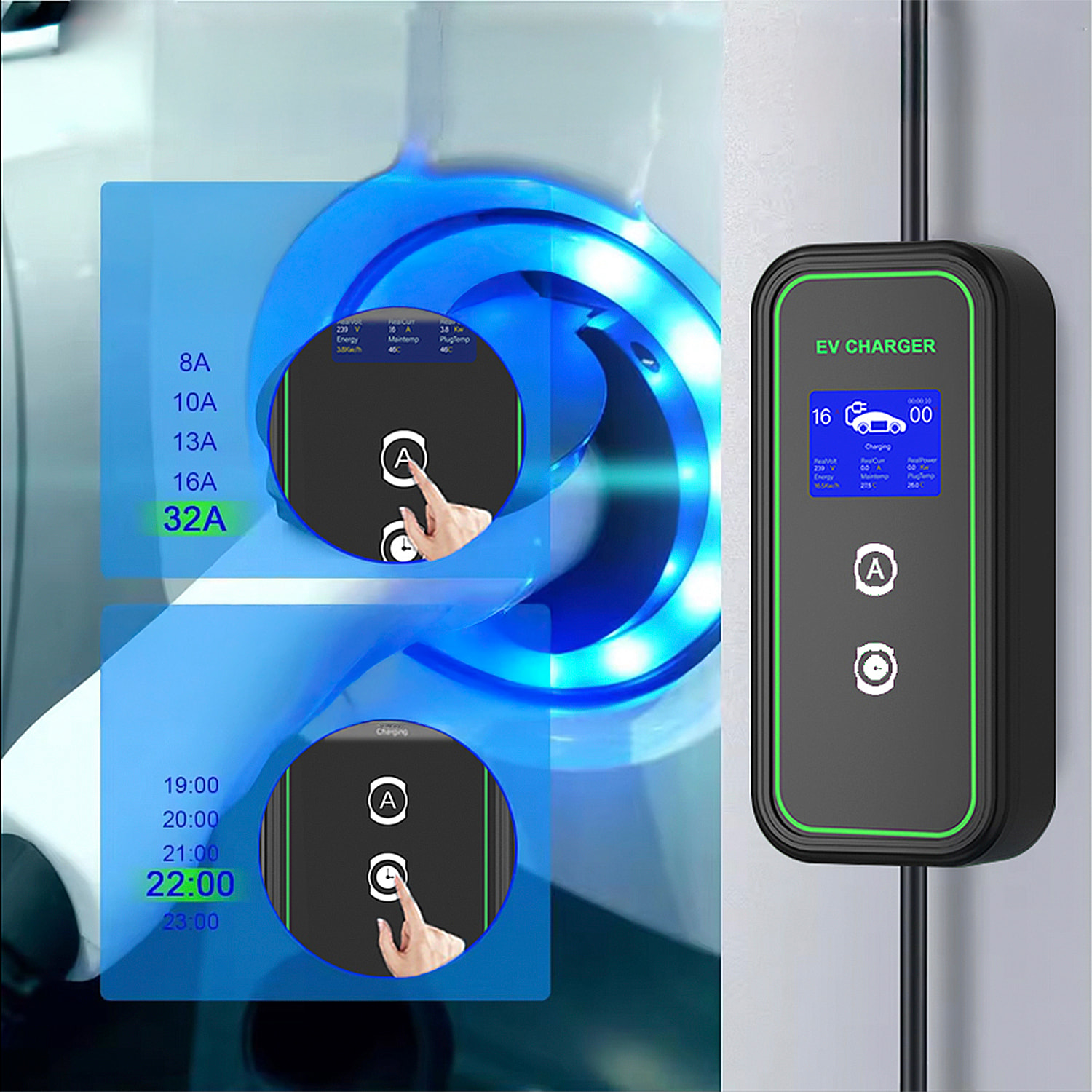 Caricatore trifase A01 per auto elettrica Tipo 2, EV e PHEV, con 16A e 11KW. App di controllo e schermo LCD.