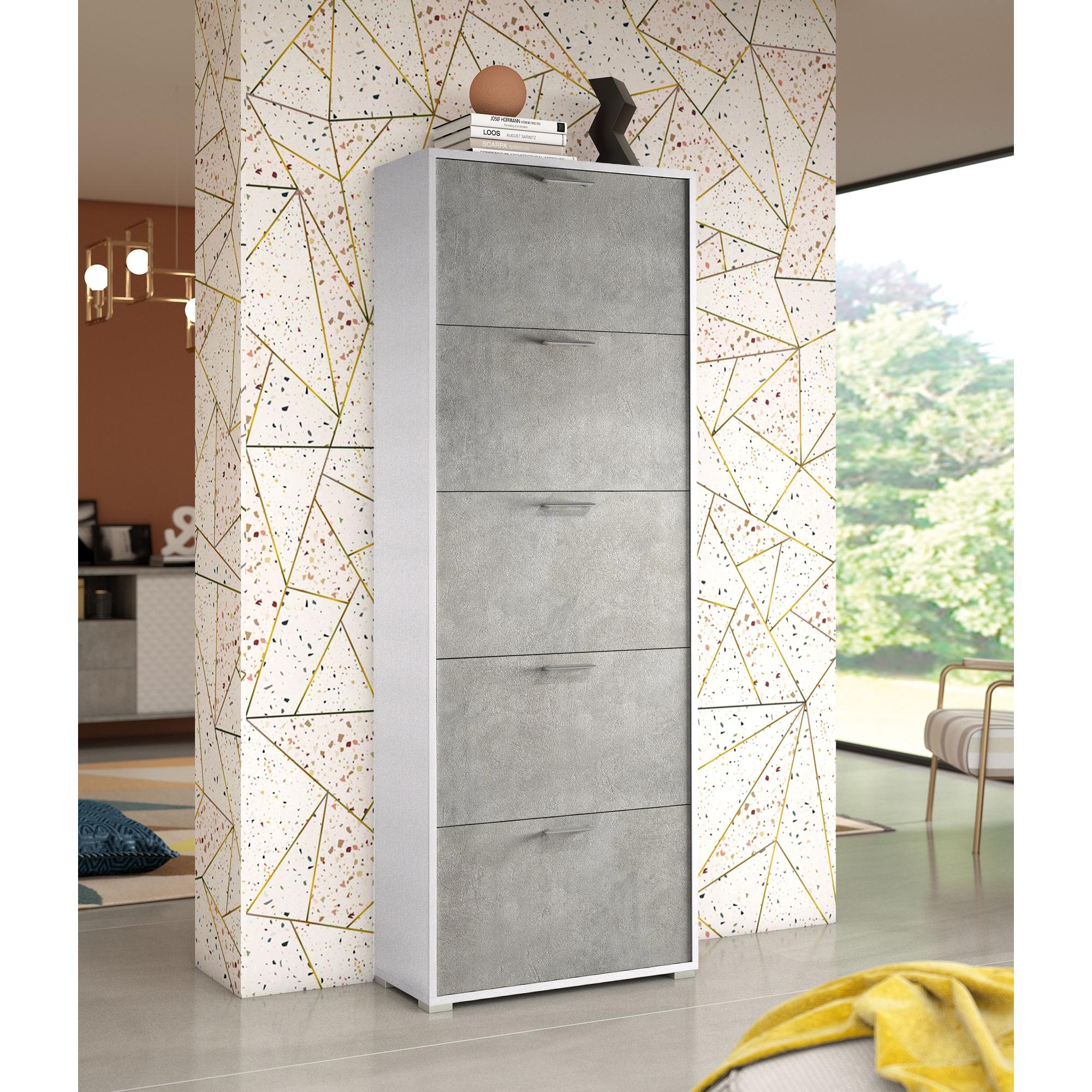 Scarpiera Surfinia, Mobile multiuso da ingresso con 5 ante a ribalta, Armadietto portascarpe a doppia profondità, 100% Made in Italy, Cm 67x28h183, Bianco e Cemento