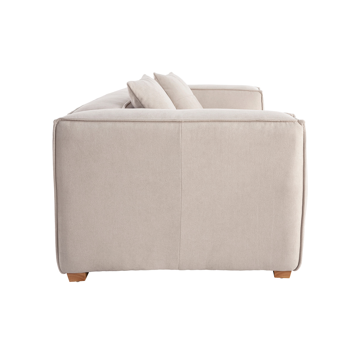 Canapé design 3 places en tissu effet velours naturel et bois clair COBAIN