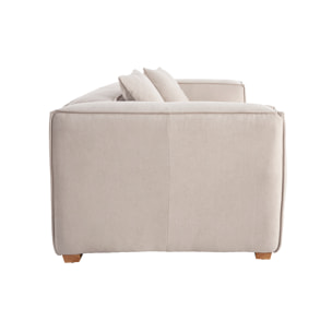 Canapé design 3 places en tissu effet velours naturel et bois clair COBAIN