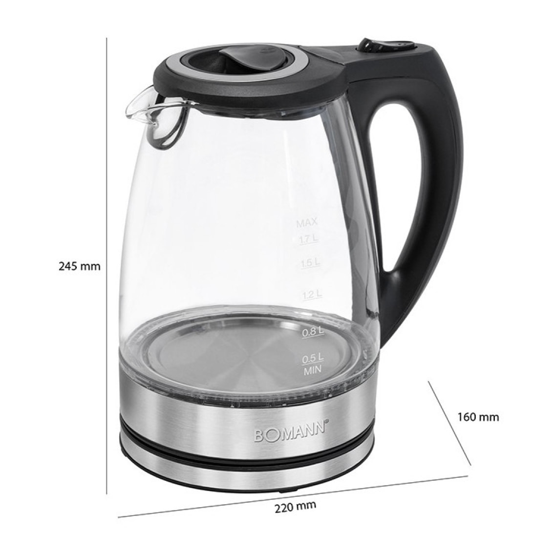 Bouilloire électrique en verre 1,5L 2200W Bomann WKS 6032 G CB