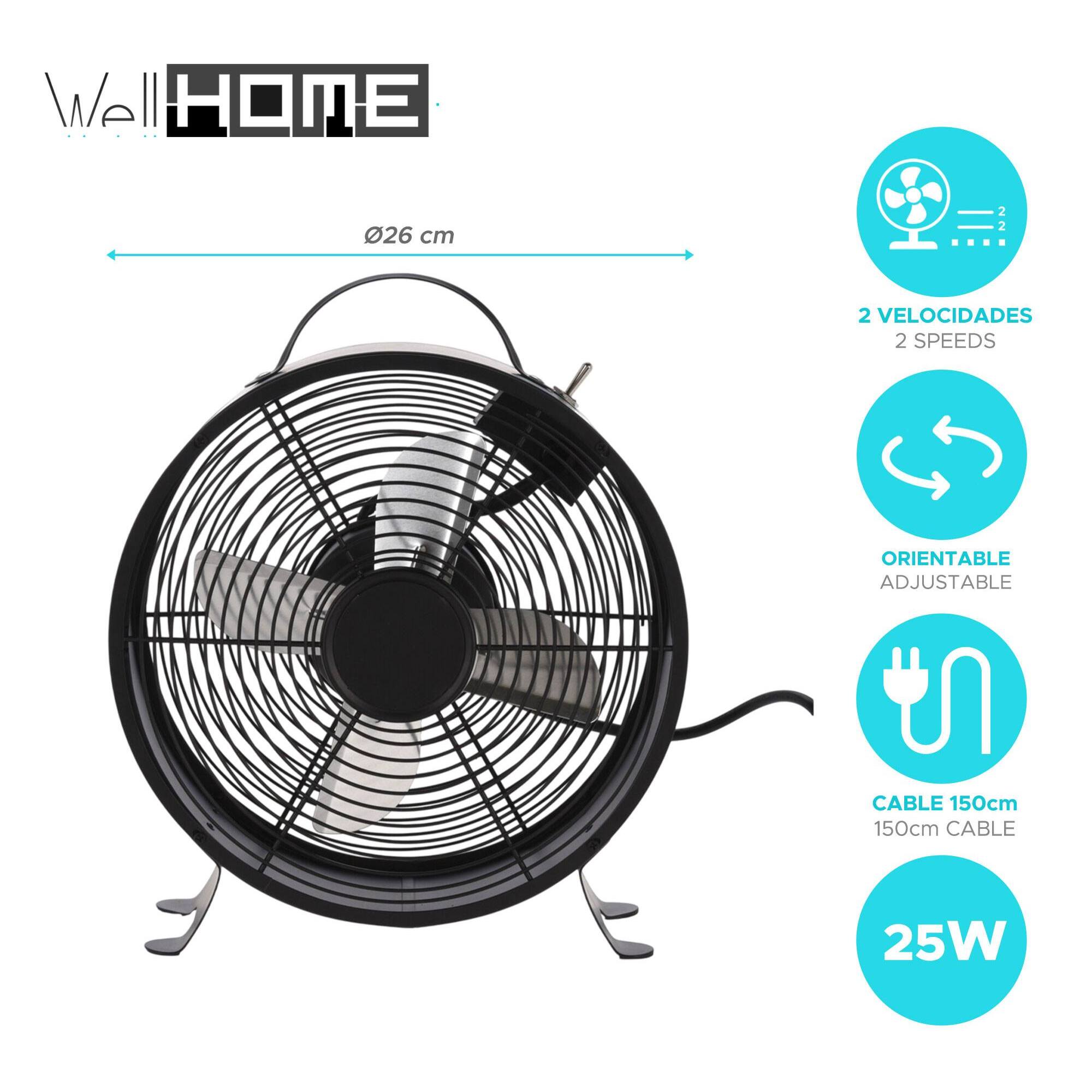 Ventilador de mesa
26cm, 25w, 2 velocidades, negro