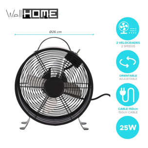 Ventilador de mesa
26cm, 25w, 2 velocidades, negro