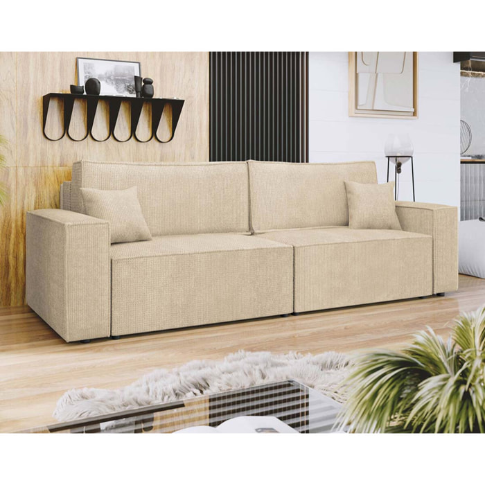 Cezanne - Canapé droit 3 places convertible avec coffre en tissu texturé - Beige