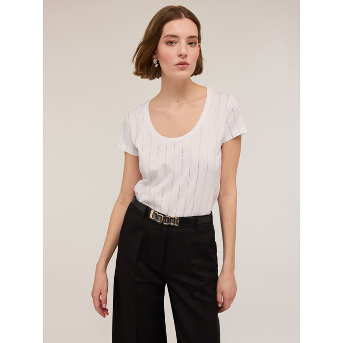 Motivi - T-shirt in cotone con righe in strass - Bianco