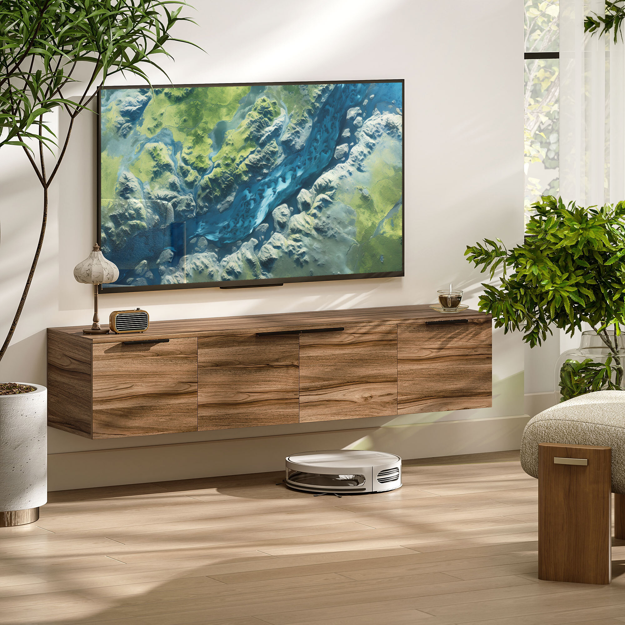 Meuble TV suspendu flottant design effet bois de noyer 4 portes 2 étagères dim. 150 x 35 x 32 cm