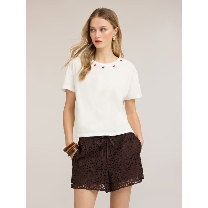 Motivi - T-shirt con ricamo ciliegie - Bianco