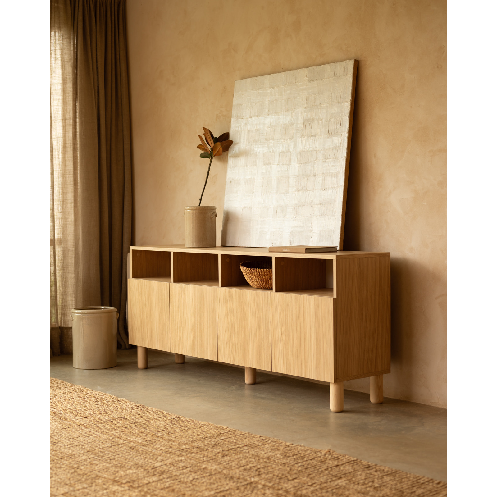 Buffet avec 4 portes en bois de placage de chêne naturel de 176x40cm Hauteur: 75 Longueur: 176 Largeur: 40