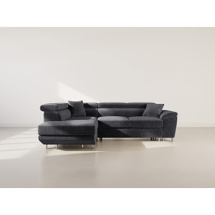 Baoji - Canapé d'angle gauche 5 places convertible avec têtières et coffre en velours côtelé - Gris