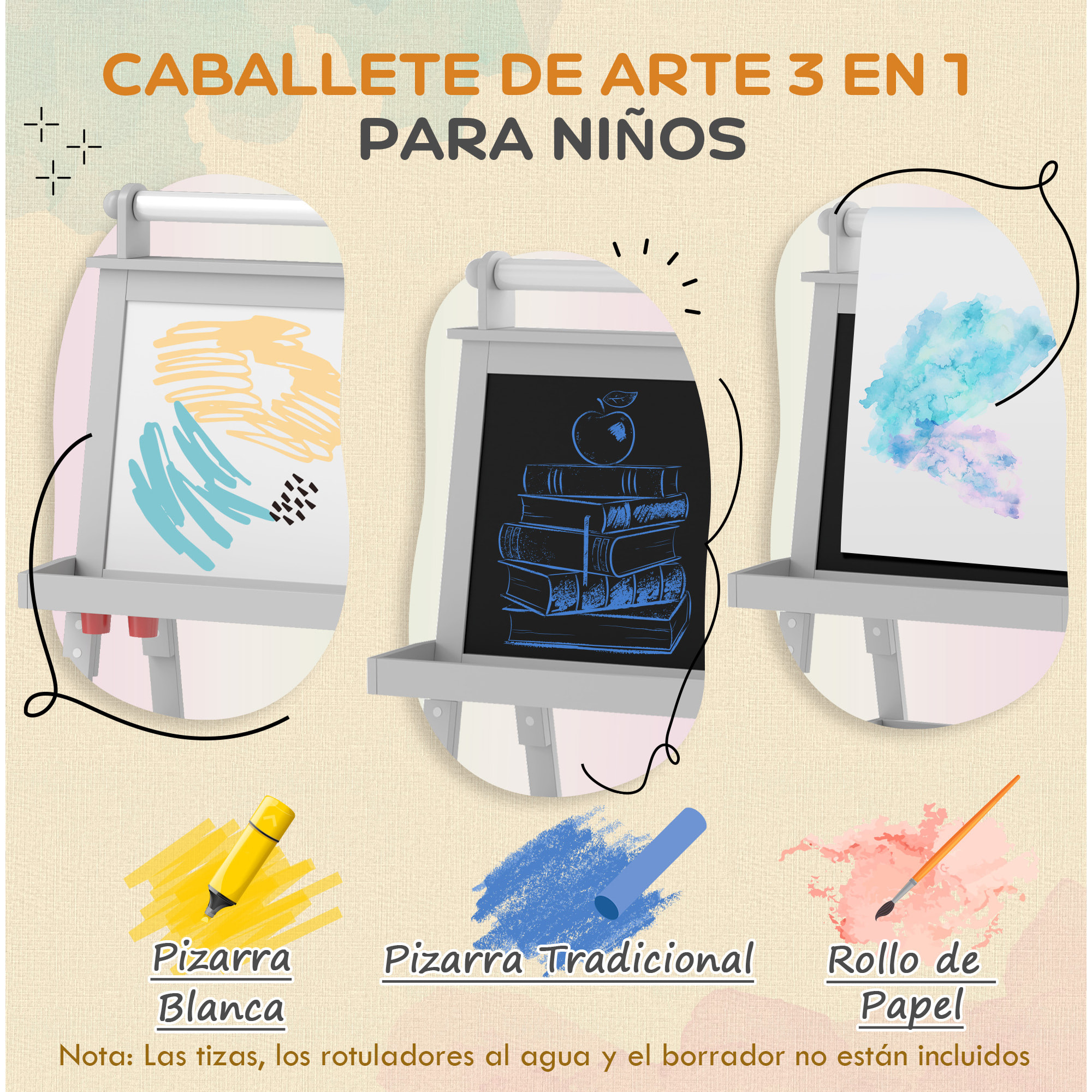 Pizarra Infantil Caballete de Pintura para Niños 3 en 1 Pizarra de Doble Cara Magnética con Rollo de Papel y Cestas de Almacenamiento Gris