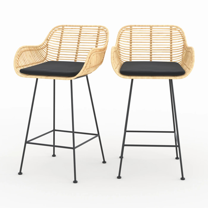 Lot de 2 chaises pour îlot central 66 cm en rotin et tissu noir - Pops