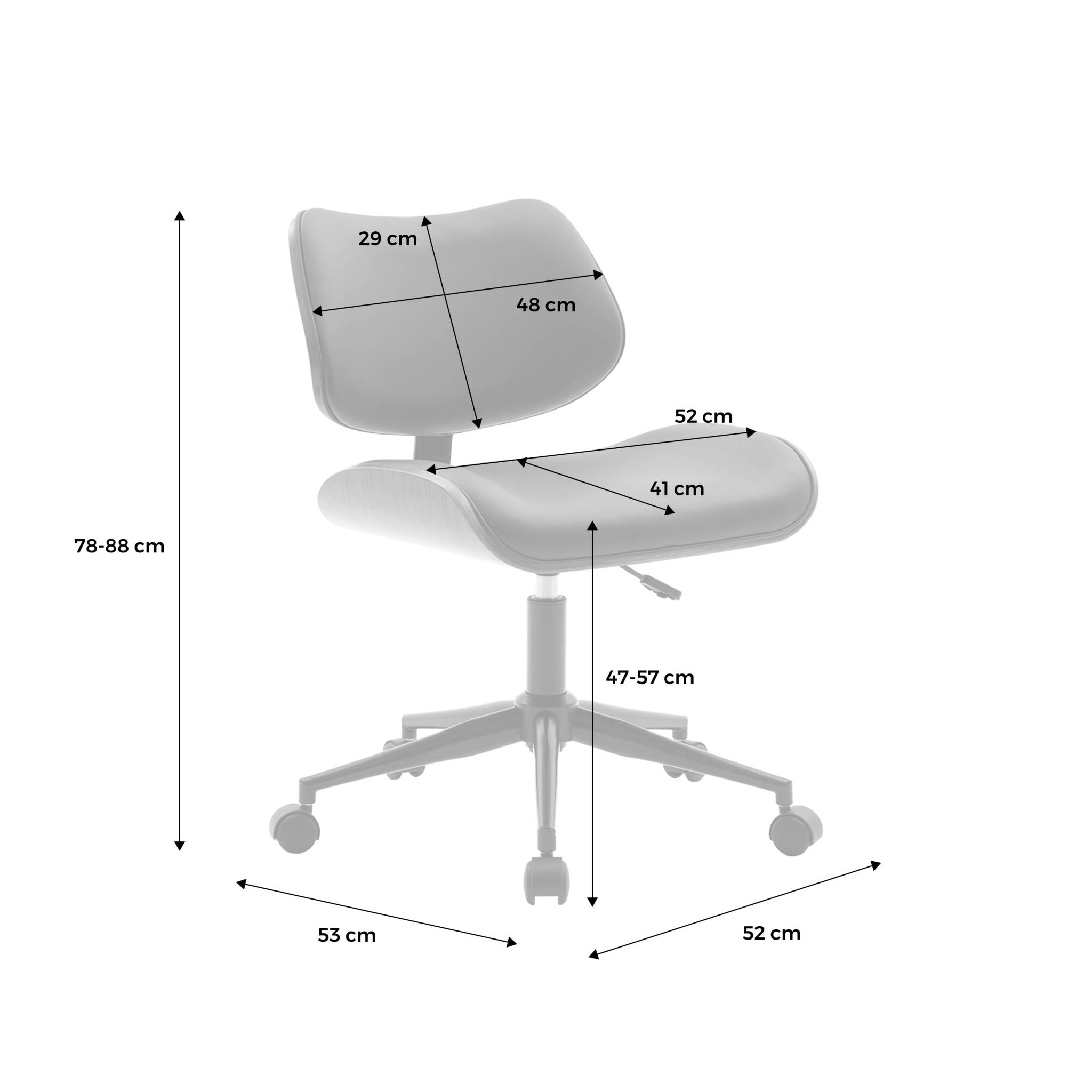 Chaise de bureau à roulettes décor bois courbé placage effet noyer et simili cuir noir