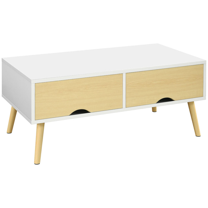 Table basse rectangulaire design scandinave 2 tiroirs coulissants grande niche piètement bois pin blanc aspect bois clair