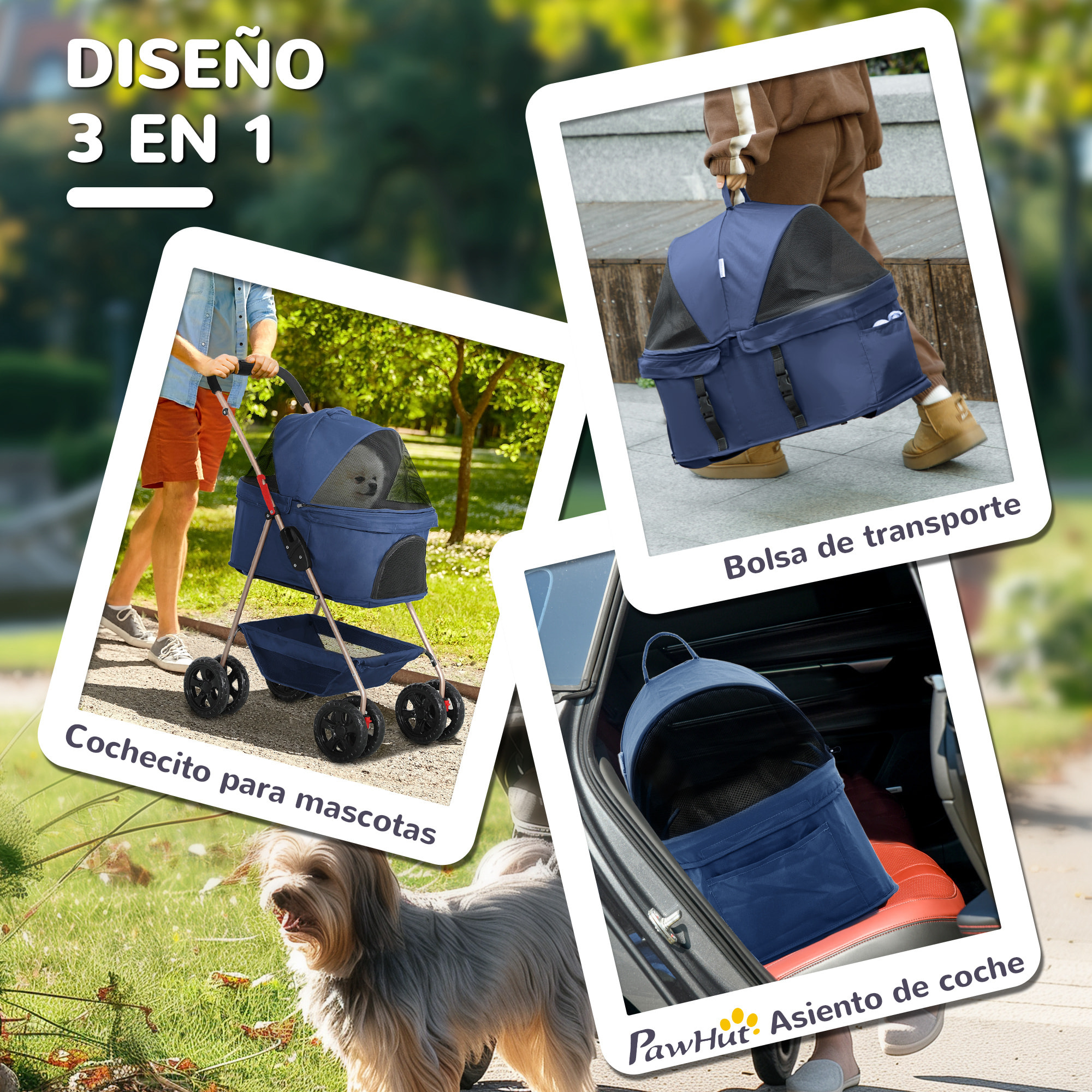 Carrito para Perros Plegable 3 en 1 Cochecito para Mascotas Carrito para Perros Miniatura con Cesta de Almacenaje Ventana de Malla Portavasos y 2 Ruedas Universales 76x50x102 cm Azul Oscuro