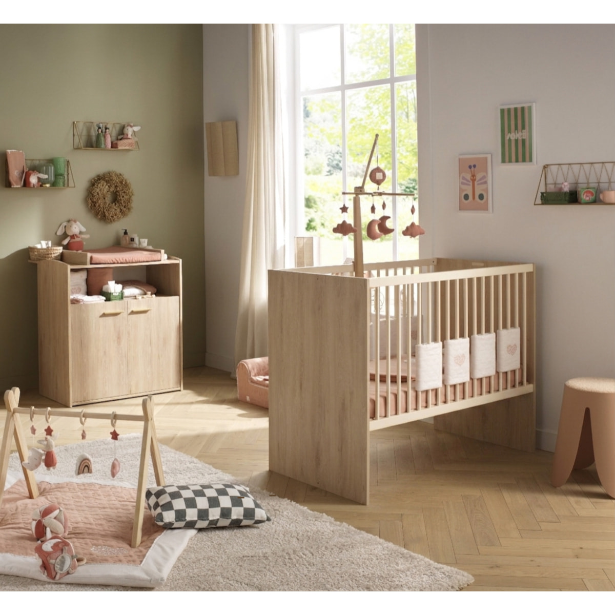 Chambre bébé duo: Lit bébé 60x120 évolutif et commode à langer 2 portes décor bois hêtre