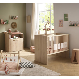 Chambre bébé duo: Lit bébé 60x120 évolutif et commode à langer 2 portes décor bois hêtre