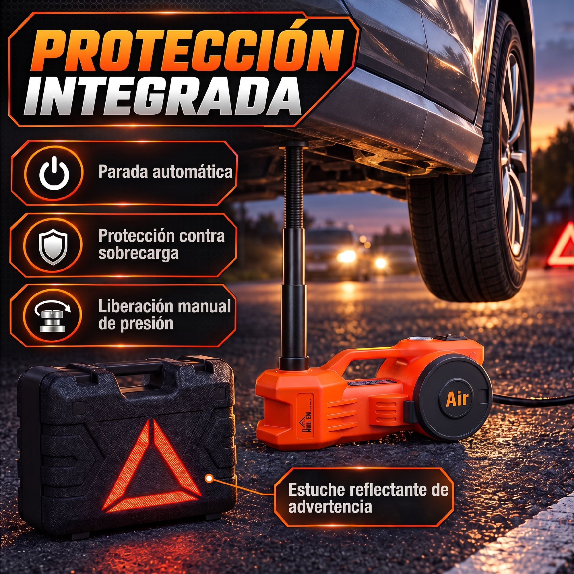 HOMCOM Kit de Gato Hidráulico Eléctrico de 5T 12V, Elevador de Coche Automático 155-450 mm, Gato Elevador con Bomba Aire, Llave Hexagonal, Martillo de Seguridad y Maletín Reflectante para SUV y Sedán