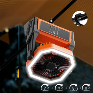 Ventilador A18 con motor sin escobillas, LED con 36 luces, 4 velocidades, 3 niveles de luz y temporizador. Ángulo ajustable de 90º con gancho para colgar y powerbank de 10000 mAh.