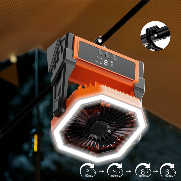 Ventilador A18 con motor sin escobillas, LED con 36 luces, 4 velocidades, 3 niveles de luz y temporizador. Ángulo ajustable de 90º con gancho para colgar y powerbank de 10000 mAh.