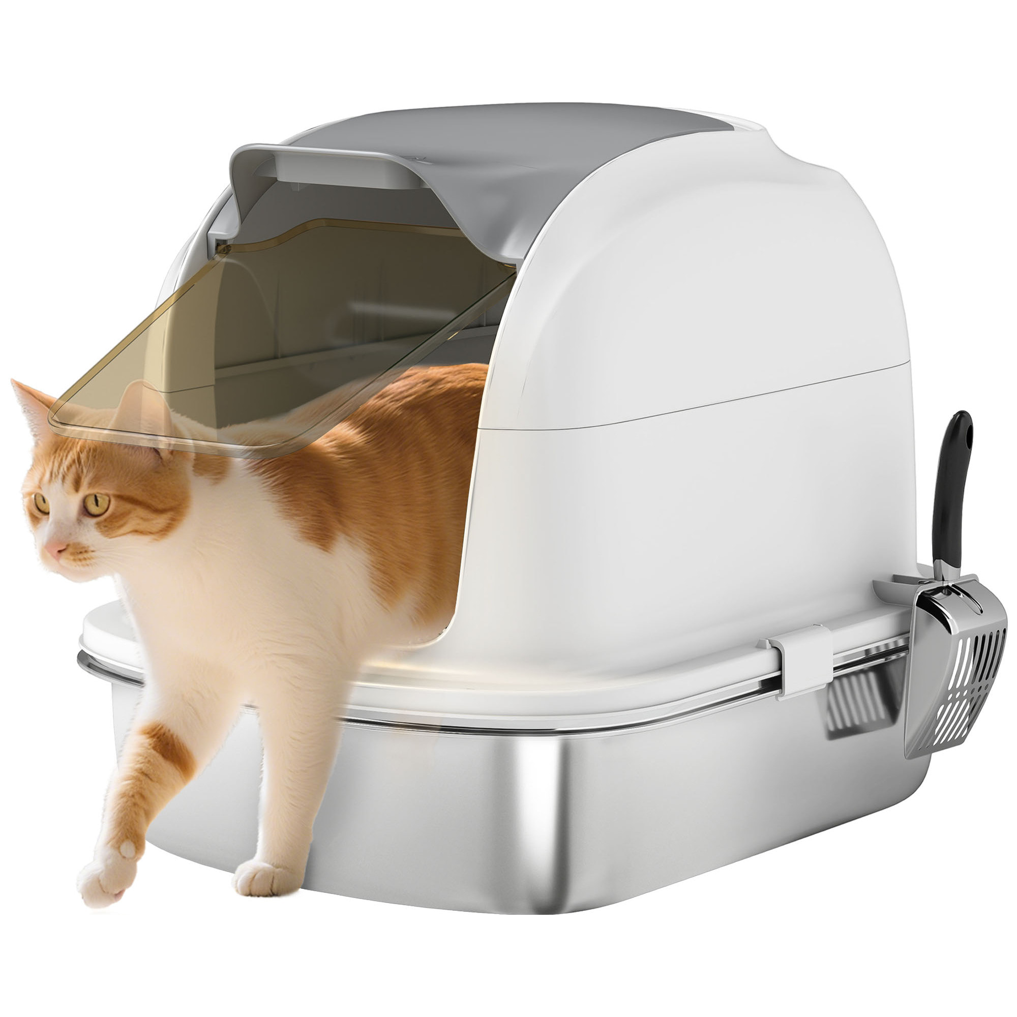 Arenero para Gatos de Acero Inoxidable XL, Caja de Arena para Gatos, Arenero con Tapa Abatible, Laterales Altos, Entrada Superior, Pala, sin Olores, Fácil de Limpiar, Antifugas, Blanco