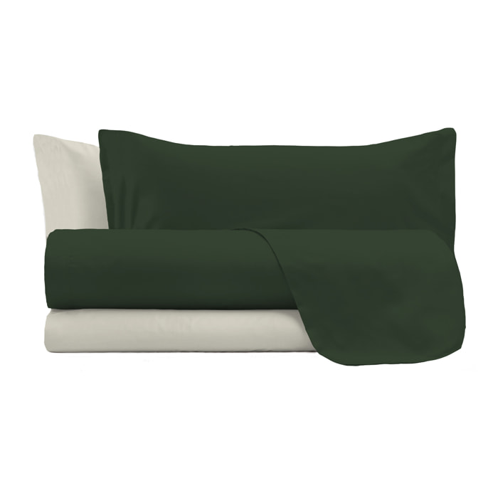 COMPLETO LETTO NATURAL COLOR, 100% Cotone, Made in Italy - VERDE OLIVA/PANNA