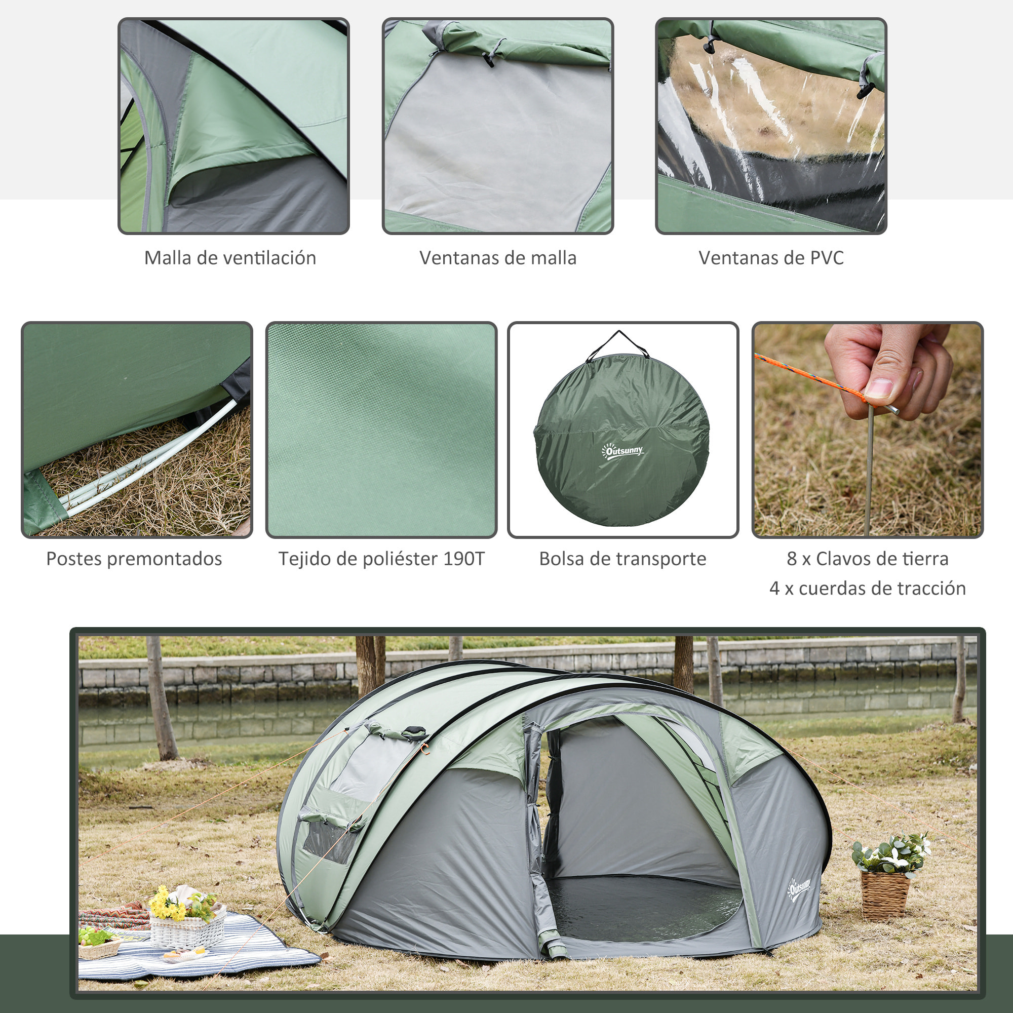 Tienda de Campaña Pop up para 4-5 Personas Tienda de Camping Instantánea con Ventanas Bolsillos y Bolsa de Transporte Impermeable Anti-UV 263,5x220x123 cm Verde y Gris