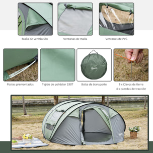 Tienda de Campaña Pop up para 4-5 Personas Tienda de Camping Instantánea con Ventanas Bolsillos y Bolsa de Transporte Impermeable Anti-UV 263,5x220x123 cm Verde y Gris